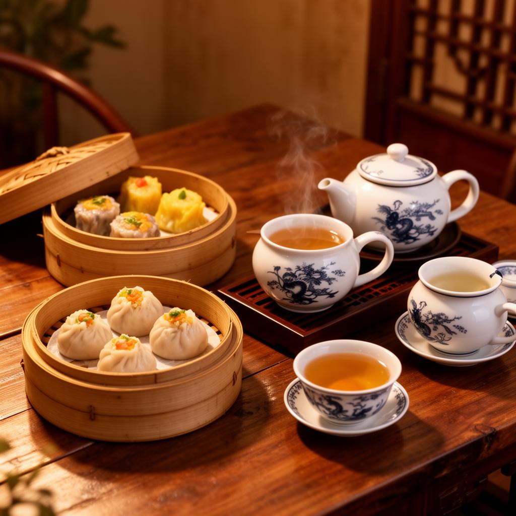 中式茶点餐厅，竹蒸笼与茶具